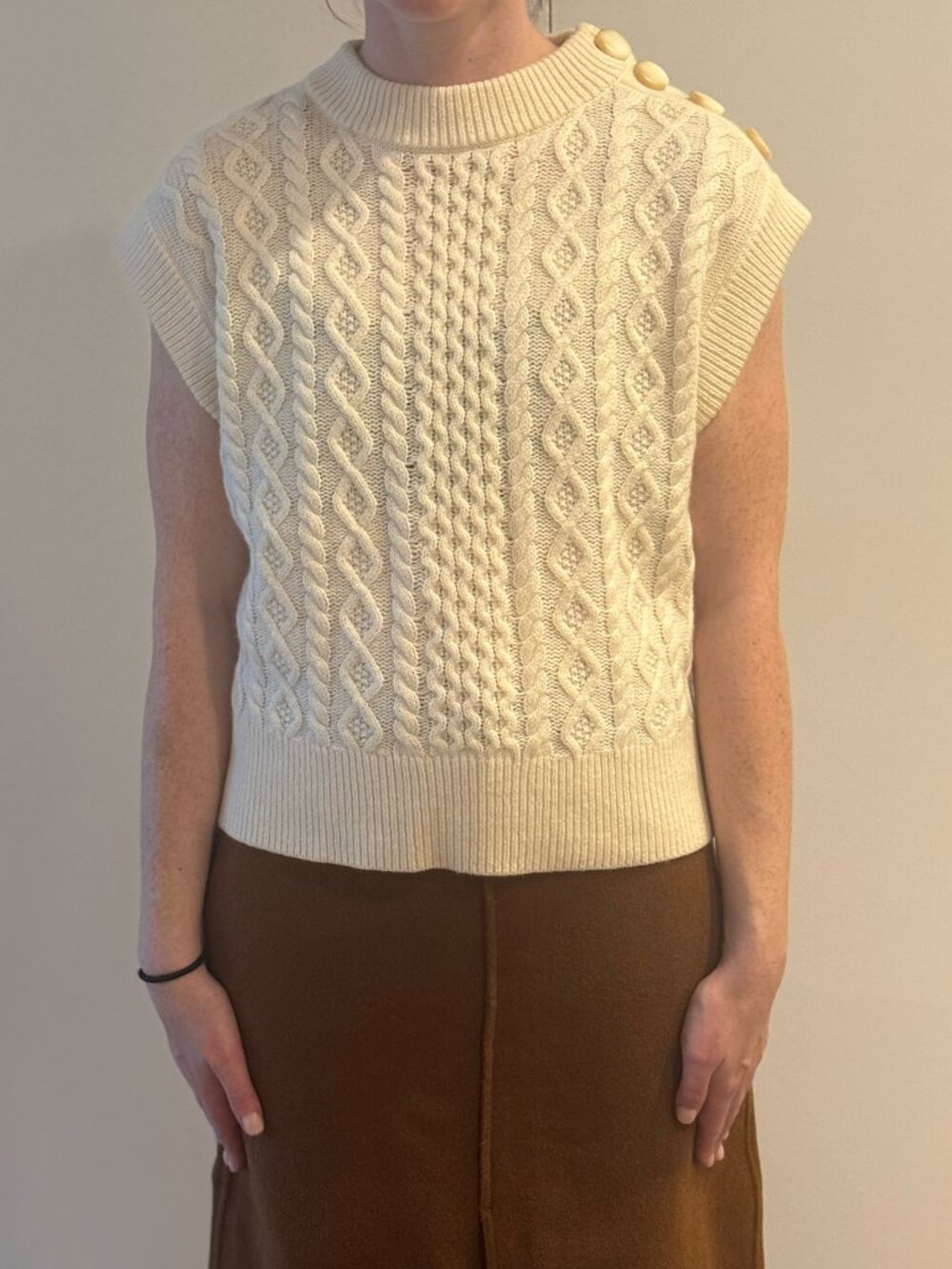Sezane Gregoire Jumper Cable Knit Sweater Vest Ecru Merino Wool S